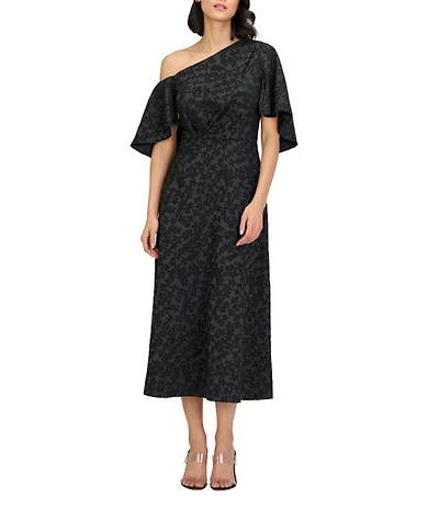 JS Collections Primrose Floral Stretch Jacquard Asymmetrical Sheath Midi Dress