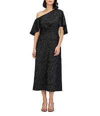 JS Collections Primrose Floral Stretch Jacquard Asymmetrical Sheath Midi Dress