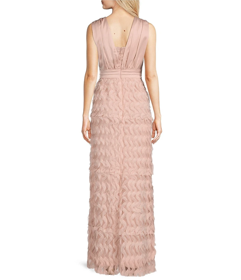 JS Collections Satin Ruffle Mesh V Neck Sleeveless Gown