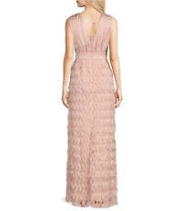 JS Collections Satin Ruffle Mesh V Neck Sleeveless Gown