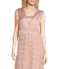 JS Collections Satin Ruffle Mesh V Neck Sleeveless Gown