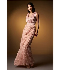 JS Collections Satin Ruffle Mesh V Neck Sleeveless Gown