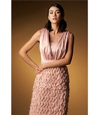 JS Collections Satin Ruffle Mesh V Neck Sleeveless Gown
