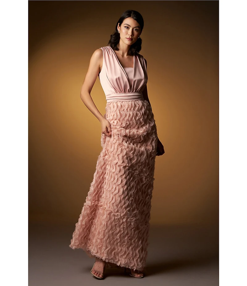 JS Collections Satin Ruffle Mesh V Neck Sleeveless Gown
