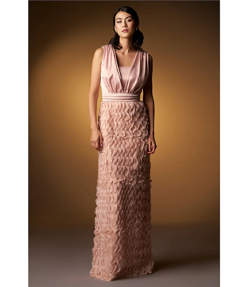 JS Collections Satin Ruffle Mesh V Neck Sleeveless Gown
