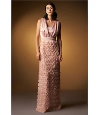 JS Collections Satin Ruffle Mesh V Neck Sleeveless Gown