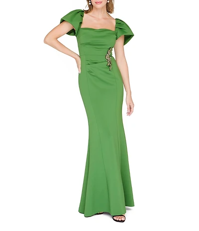 JS Collections Short Puff Sleeve Scuba Sheath Gown