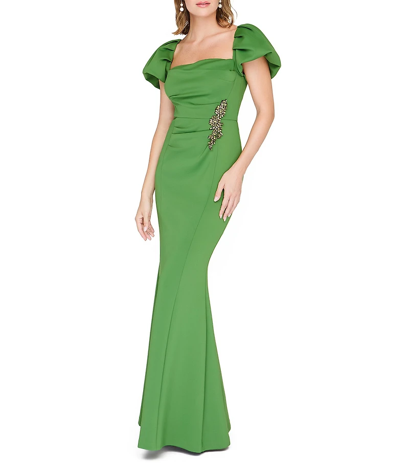 JS Collections Short Puff Sleeve Scuba Sheath Gown