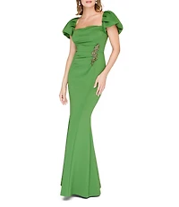 JS Collections Short Puff Sleeve Scuba Sheath Gown