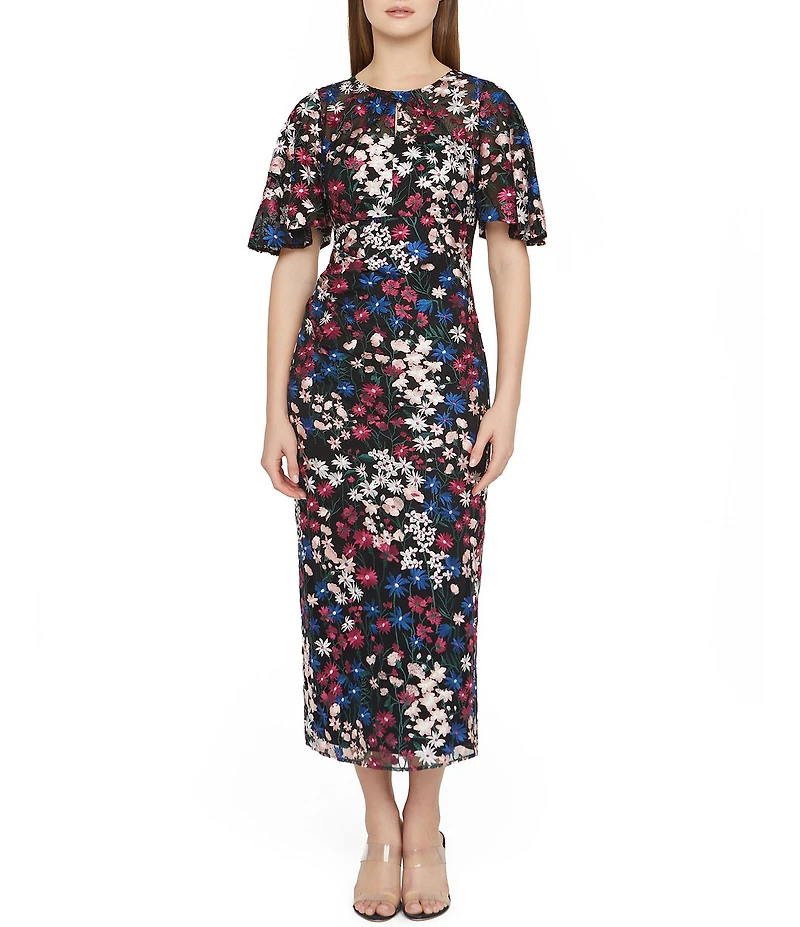 JS Collections Ursala Flutter Sleeve Sheath Floral Embroidered Mesh Midi Dress