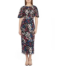JS Collections Ursala Flutter Sleeve Sheath Floral Embroidered Mesh Midi Dress