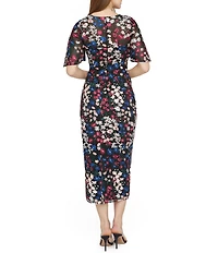 JS Collections Ursala Flutter Sleeve Sheath Floral Embroidered Mesh Midi Dress