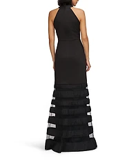 JS Collections Willa Twist Front Halter Mesh Insert Hem Stretch Crepe Mermaid Gown