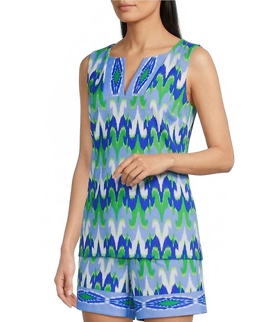 Jude Connally Alexa Paradise Ikat Print Split V-Neck Sleeveless Tank Top