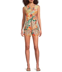 Jude Connally Alexa Gold Foiled Stained Glass Print Split V-Neck Sleeveless Tank Top