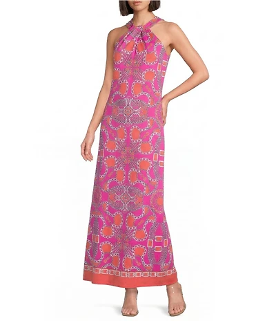 Jude Connally Bernadette Heritage Chains Print High Halter Neck Sleeveless Maxi Dress