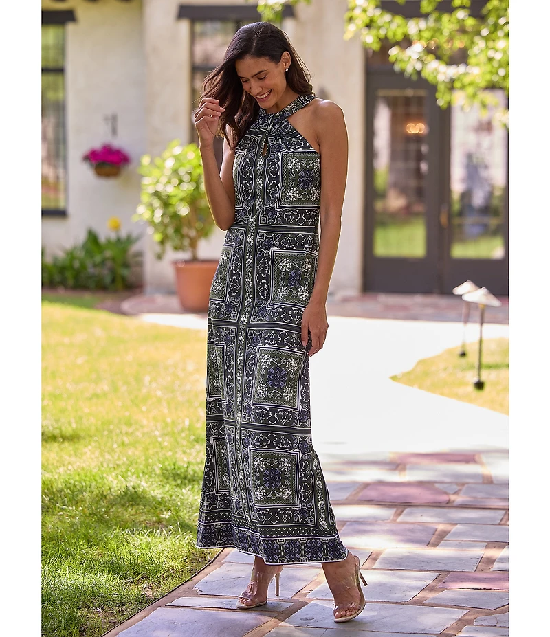 Jude Connally Bernadette Palace Tapestry Loden High Halter Neck Sleeveless Maxi Dress