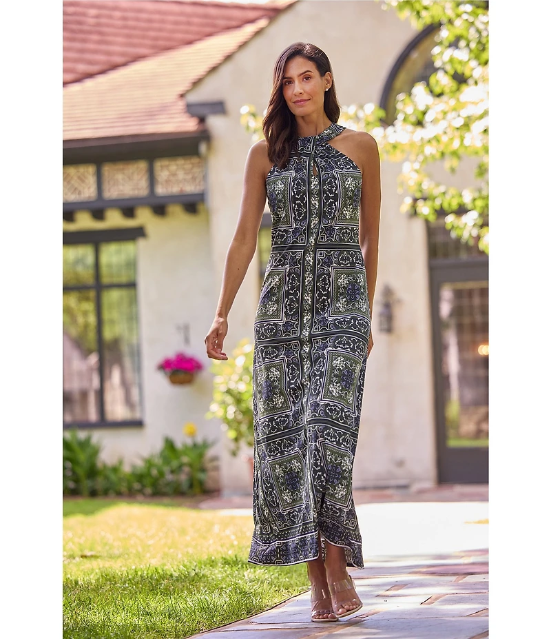 Jude Connally Bernadette Palace Tapestry Loden High Halter Neck Sleeveless Maxi Dress