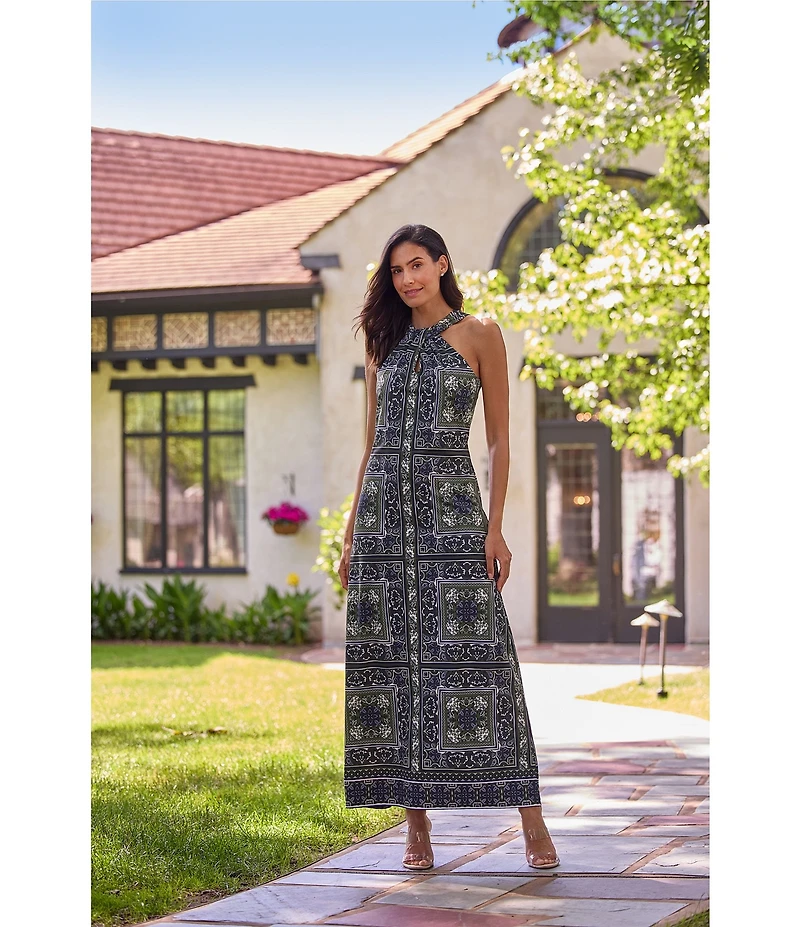 Jude Connally Bernadette Palace Tapestry Loden High Halter Neck Sleeveless Maxi Dress