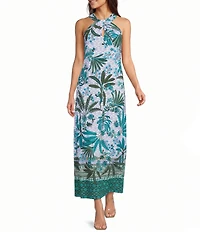Jude Connally Bernadette Palm Royal Loden Print High Halter Neck Sleeveless Maxi Dress
