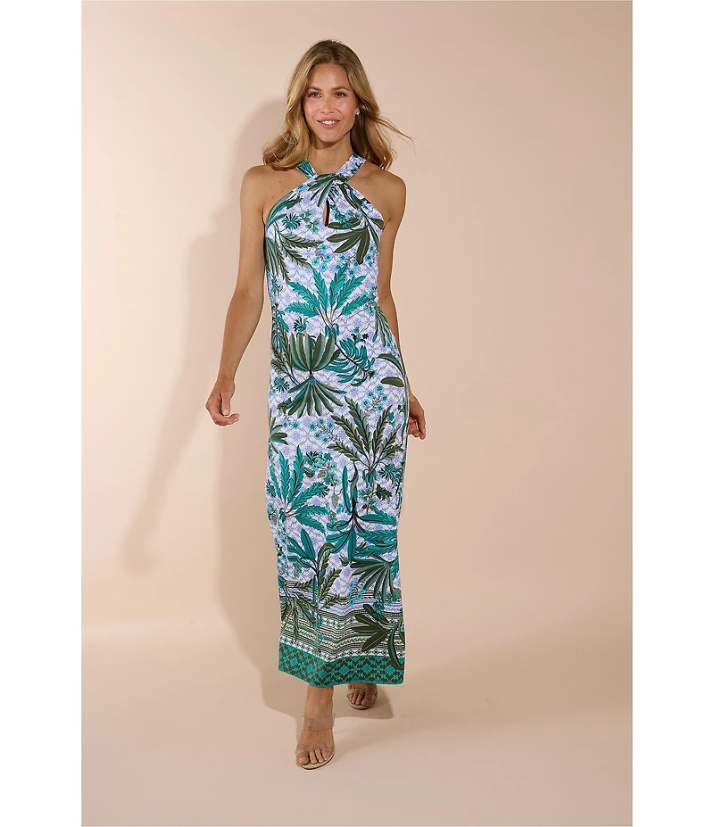 Jude Connally Bernadette Palm Royal Loden Print High Halter Neck Sleeveless Maxi Dress