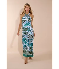 Jude Connally Bernadette Palm Royal Loden Print High Halter Neck Sleeveless Maxi Dress