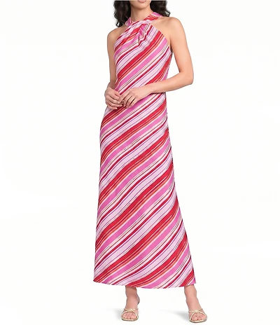 Jude Connally Bernadette Umbrella Stripe Print High Halter Neck Sleeveless Maxi Dress