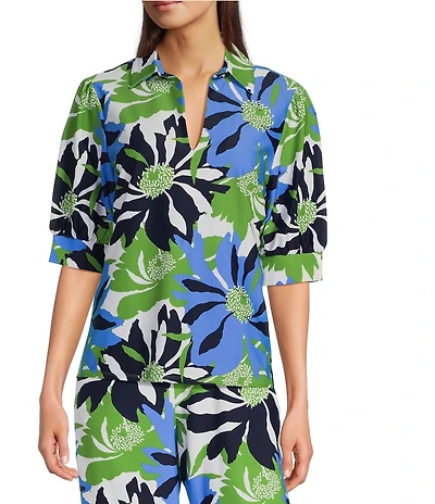 Jude Connally Calista Jude Cloth Knit Stretch Blossom Print Point Collar V-Neck Short Puffed Sleeve Top