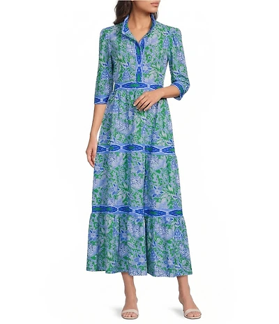 Jude Connally Candy Butterfly Botanical Print Jude Cloth Knit V-Neck 3/4 Sleeve A-Line Tiered Maxi Dress
