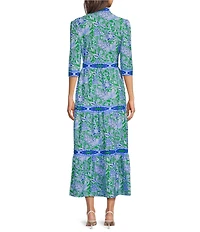 Jude Connally Candy Butterfly Botanical Print Jude Cloth Knit V-Neck 3/4 Sleeve A-Line Tiered Maxi Dress