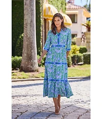 Jude Connally Candy Butterfly Botanical Print Jude Cloth Knit V-Neck 3/4 Sleeve A-Line Tiered Maxi Dress