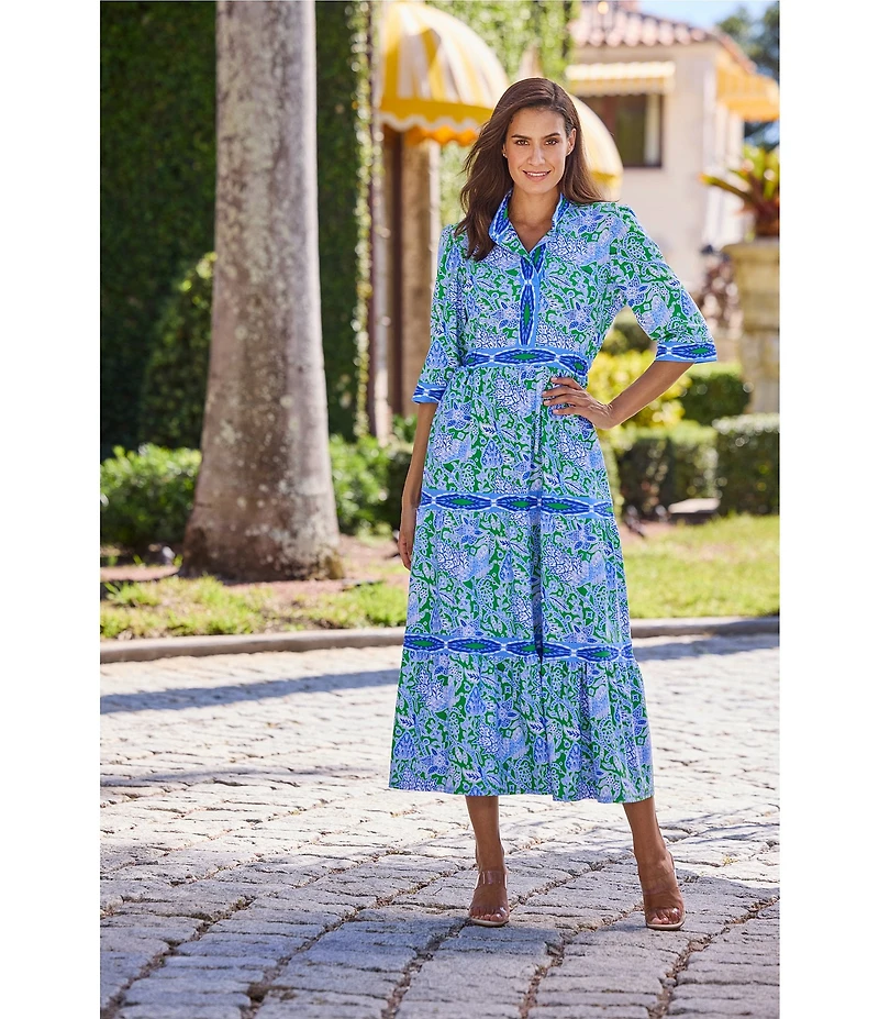 Jude Connally Candy Butterfly Botanical Print Jude Cloth Knit V-Neck 3/4 Sleeve A-Line Tiered Maxi Dress