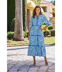 Jude Connally Candy Butterfly Botanical Print Jude Cloth Knit V-Neck 3/4 Sleeve A-Line Tiered Maxi Dress