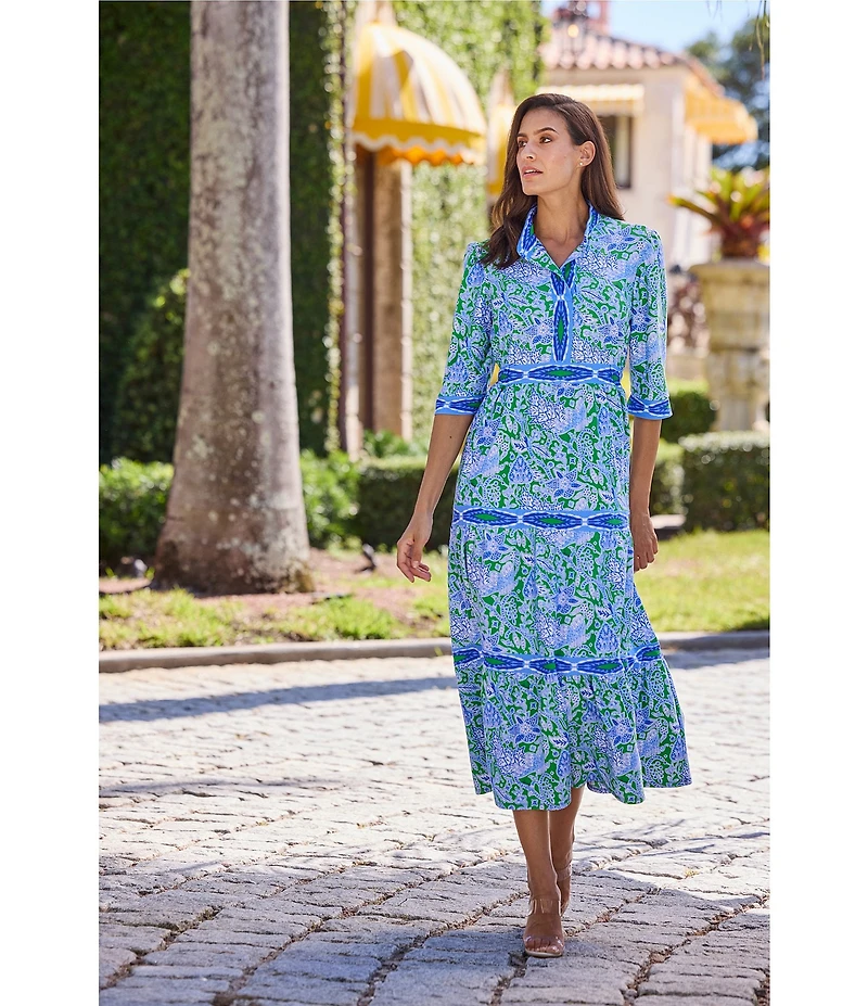 Jude Connally Candy Butterfly Botanical Print Jude Cloth Knit V-Neck 3/4 Sleeve A-Line Tiered Maxi Dress