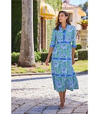 Jude Connally Candy Butterfly Botanical Print Jude Cloth Knit V-Neck 3/4 Sleeve A-Line Tiered Maxi Dress