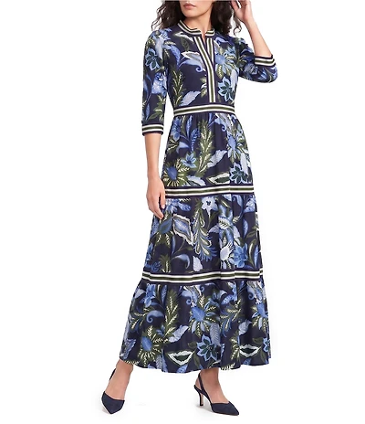 Jude Connally Candy Falling Floral Navy Print Jude Cloth Knit V-Neck 3/4 Sleeve A-Line Tiered Maxi Dress