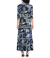 Jude Connally Candy Falling Floral Navy Print Jude Cloth Knit V-Neck 3/4 Sleeve A-Line Tiered Maxi Dress