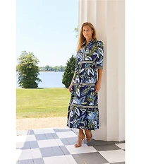 Jude Connally Candy Falling Floral Navy Print Jude Cloth Knit V-Neck 3/4 Sleeve A-Line Tiered Maxi Dress