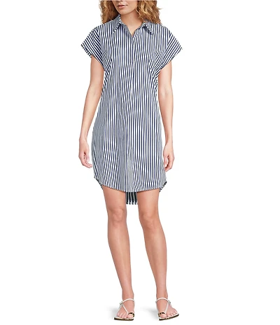 Jude Connally Carter Stripe Print Point Collar Short Sleeve Shirt Dress