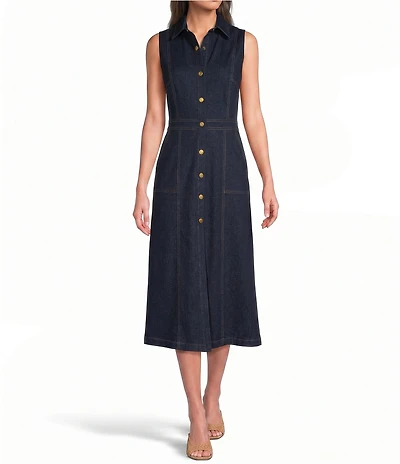 Jude Connally Chelsea Point Collar Sleeveless Snap Front Denim Midi Shirtdress