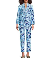 Jude Connally Chris Everyday Fanfair Seaglass Print Jude Cloth Stretch Knit Mandarin Collar Bracelet Sleeve Coordinating Top