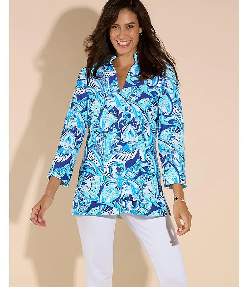 Jude Connally Chris Everyday Fanfair Seaglass Print Jude Cloth Stretch Knit Mandarin Collar Bracelet Sleeve Coordinating Top