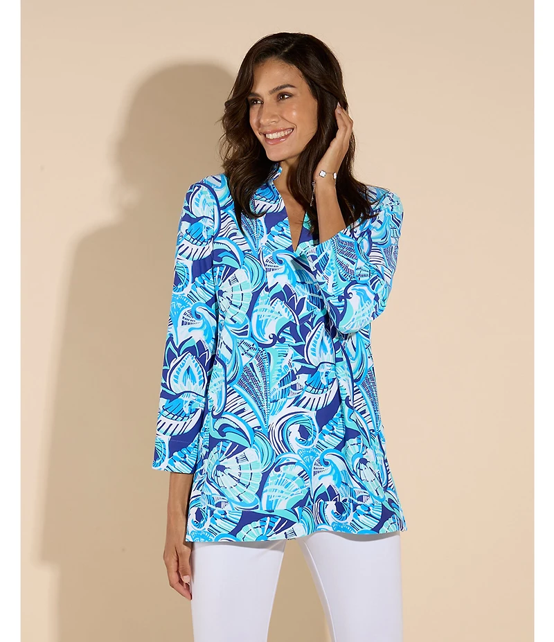 Jude Connally Chris Everyday Fanfair Seaglass Print Jude Cloth Stretch Knit Mandarin Collar Bracelet Sleeve Coordinating Top