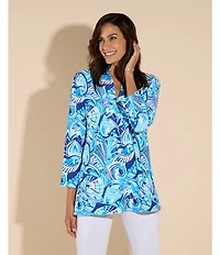 Jude Connally Chris Everyday Fanfair Seaglass Print Jude Cloth Stretch Knit Mandarin Collar Bracelet Sleeve Coordinating Top