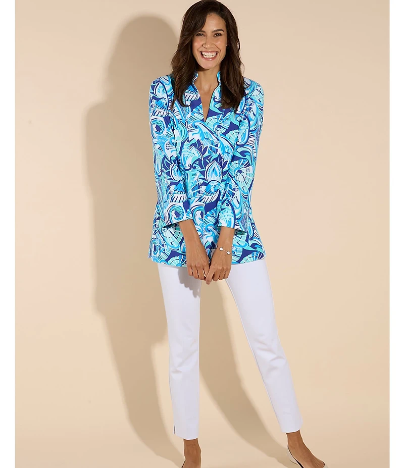Jude Connally Chris Everyday Fanfair Seaglass Print Jude Cloth Stretch Knit Mandarin Collar Bracelet Sleeve Coordinating Top