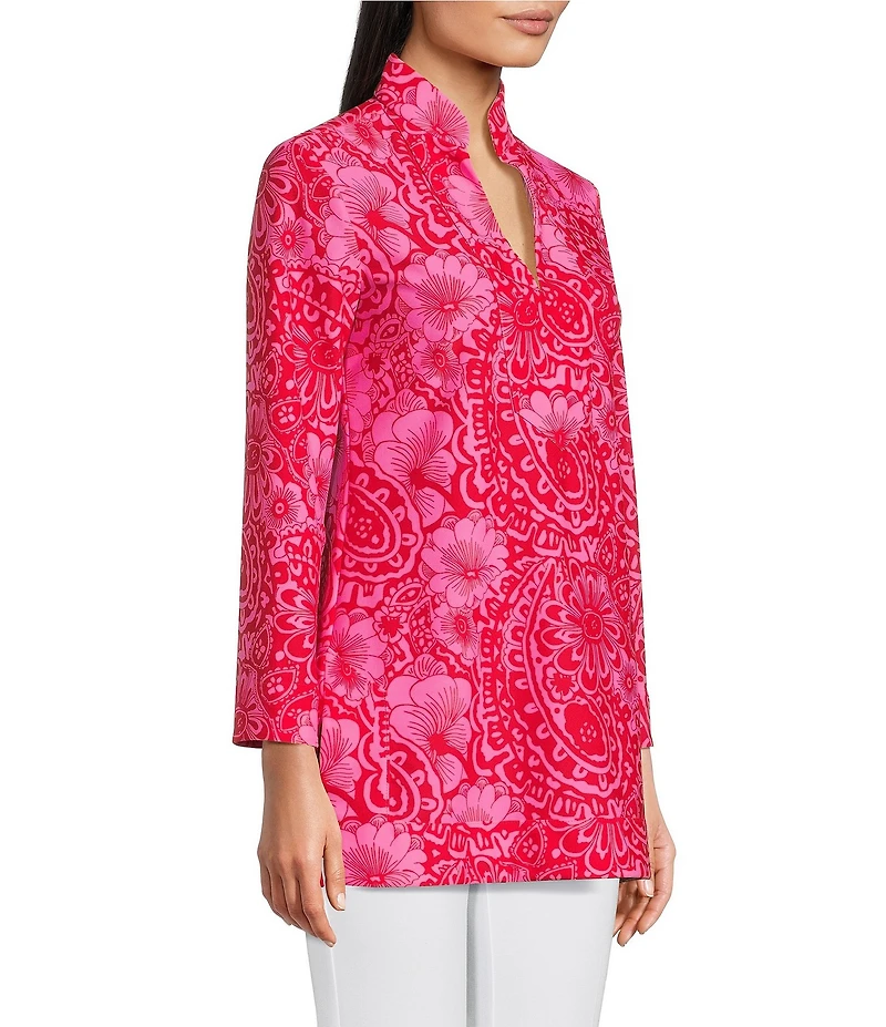 Jude Connally Chris Everyday Painted Paisley Print Jude Cloth Stretch Knit Mandarin Collar Bracelet Sleeve Coordinating Top