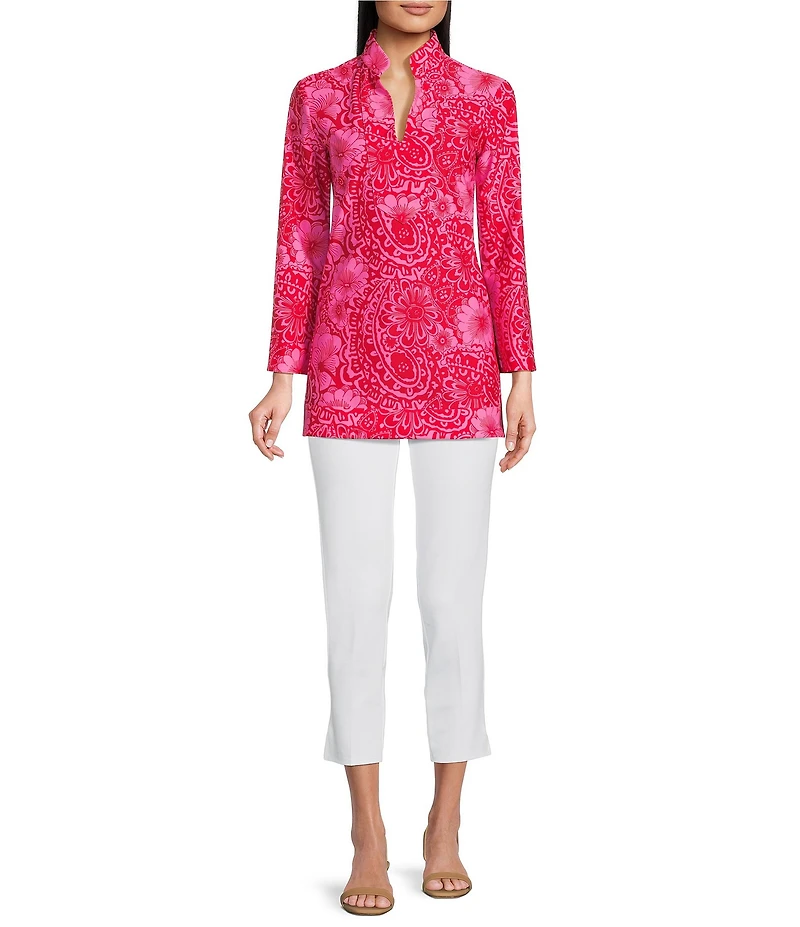 Jude Connally Chris Everyday Painted Paisley Print Jude Cloth Stretch Knit Mandarin Collar Bracelet Sleeve Coordinating Top