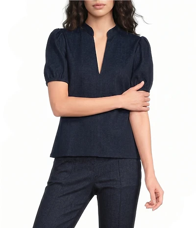 Jude Connally Coco Denim Band Collar V-Neck Short Puff Sleeve Top