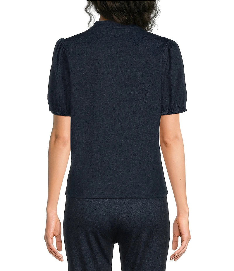Jude Connally Coco Denim Band Collar V-Neck Short Puff Sleeve Top