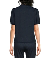 Jude Connally Coco Denim Band Collar V-Neck Short Puff Sleeve Top